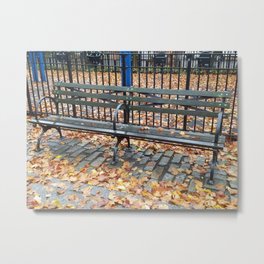 Empty bench with autumn leaves in NYC Metal Print | Nyc, Digital, Bench, Black, Empty, Season, Placetorest, Cobblestones, Open, Autumnleaves 