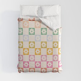 Flowers Rainbow Checkerboard Pattern Duvet Cover