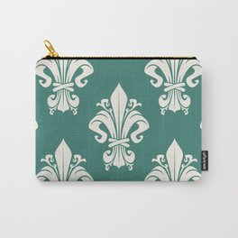 Vintage White Fleur-de-lys Symbol  Victorian Pattern on Dark Green Carry-All Pouch | Royalty, Floral Pattern, Floral, Antique, Victorian Floral, Swirls, Graphicdesign, Fleurdelis, Royal, Royal Shapes 