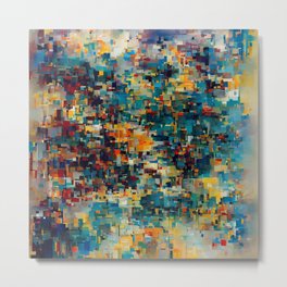 Colorful rectangular pattern modern abstract art oil painting with a feeling of sunset on the water, autumn trees, misty clouds in city streets, and lake reflections. Metal Print | Lakereflection, Ink, Mosaic, Bubblegumwall, Modernart, Autumntrees, Popart, Mistyclouds, Acrylic, Oil 