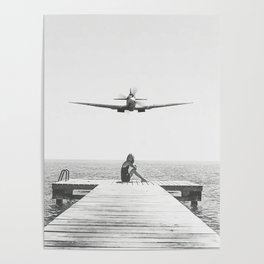 Steady As She Goes; aircraft coming in for an island landing black and white photography- photographs Poster