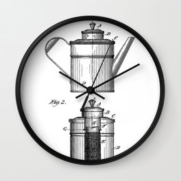 Coffee Patent - Coffee Shop Art - Black And White Wall Clock | Frenchpress, Graphicdesign, Coffeepatent, Barista, Coffeeshop, White, Coffeebeans, Coffeepercolator, Coffee, Coffeeshoppatent 