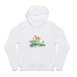 Pink Egyptian lotus flower with leaves and seed head and bud Hoody