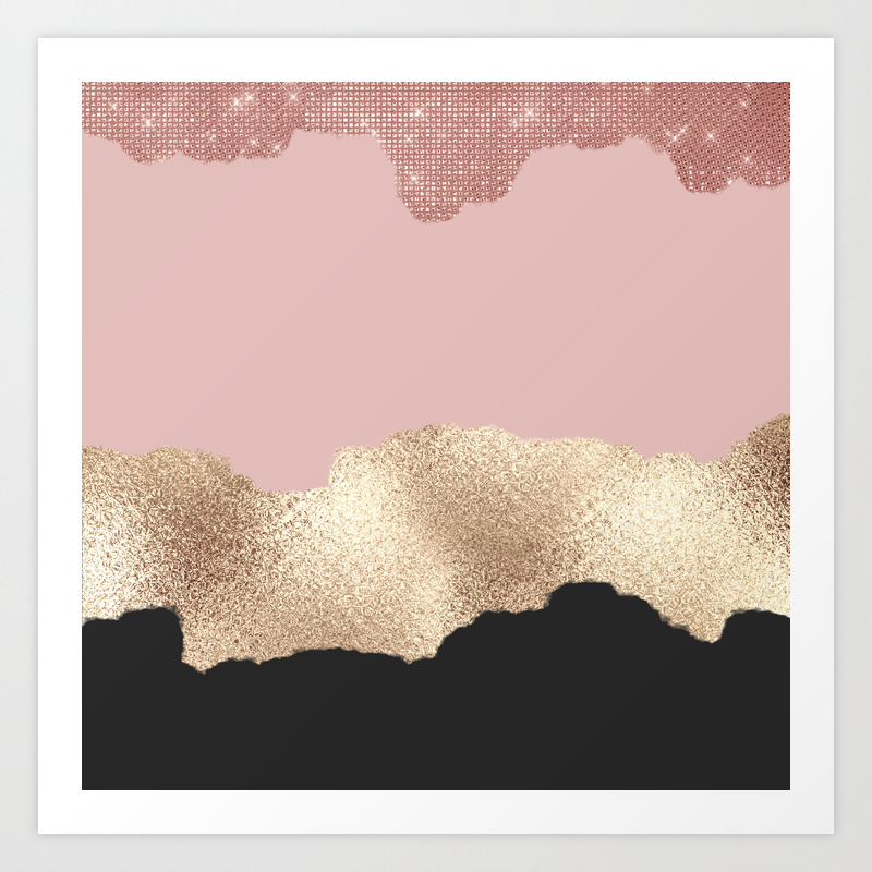 Rose Gold Glitter Black Pink Abstract Girly Art Art Print By