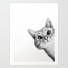 sneaky cat Kunstdrucke | Drawing, Digital, Peeking, Curated, Design, Animal, Cute, Funny, Black and White, Home 