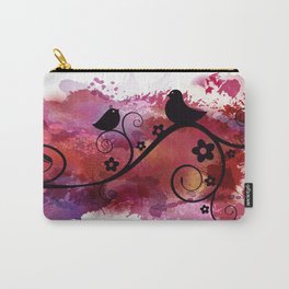 Black birds silhouette on a branch Carry-All Pouch | Silhouette, Watercolor, Digital, Birds, Pink, Floral, Graphicdesign, Branch 