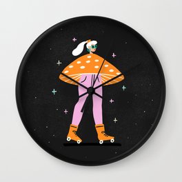 Mushroom Roller girl in Space Wall Clock | Female, Magic, Girl, Curated, Groovy, Sparkles, Fun, Stars, Astrology, Playful 