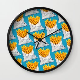 French Fries Pattern Wall Clock | Kitsch, Kawaii, Digital, Fries, Painting, Pattern, Retro, Popart, Vintage, Blue 