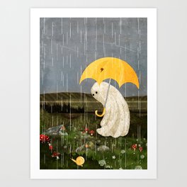 Making Friends Art Print | Umbrella, Cute, Mushrooms, Creepy, Spooky, Painting, Nature, Moss, Ghost, Snails 