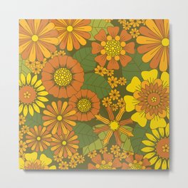 Orange, Brown, Yellow and Green Retro Daisy Pattern Metal Print | Pattern, Retro, Leaves, Seventies, Graphicdesign, Eyestigmatic, Curated, Olivegreen, 1970S, Sixties 