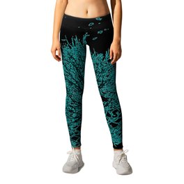 Aqua Autumn Tree with Blowing Leaves  Leggings | Blue, Plant, Leaves, Color, Botanical, Smallleaves, Coloraqua, Background, Black, Pretty 