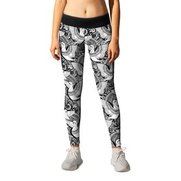 Stylish Swans in Monochrome Black and White Leggings | Swans, Bird, Drawing, Detailed, Wings, Graceful, Medallion, White, Ink Pen, Pattern 