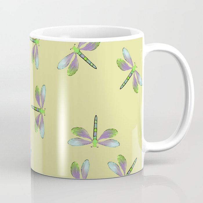 Dragonfly Frenzy Coffee Mug | Drawing, Digital, Grapjic-design, Dragonfly, Dragonflies, Yellow, Purple, Teal, Green, Flying