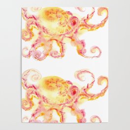 Sunny ruby-yellow octopus with an oval head, large eyes and gracefully curled tentacles Poster
