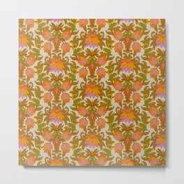 Orange, Pink Flowers and Green Leaves 1960s Retro Vintage Pattern Metal Print | Groovy, Patterned, Graphicdesign, Patterns, Throwback, 1960S, Curated, Pink, Olivegreen, Sixties 