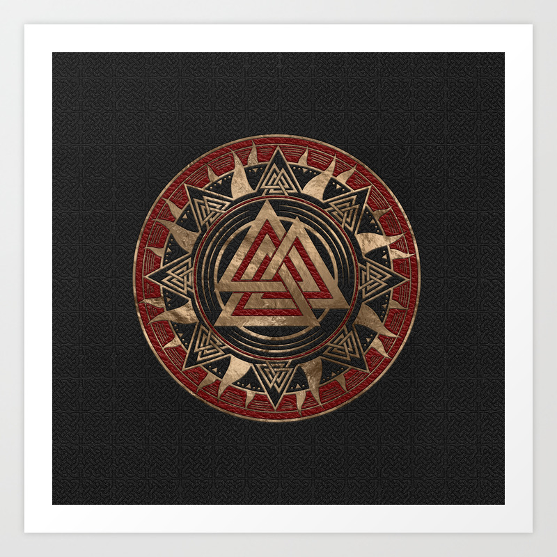 Valknut Symbol Black And Red Leather And Gold Art Print By