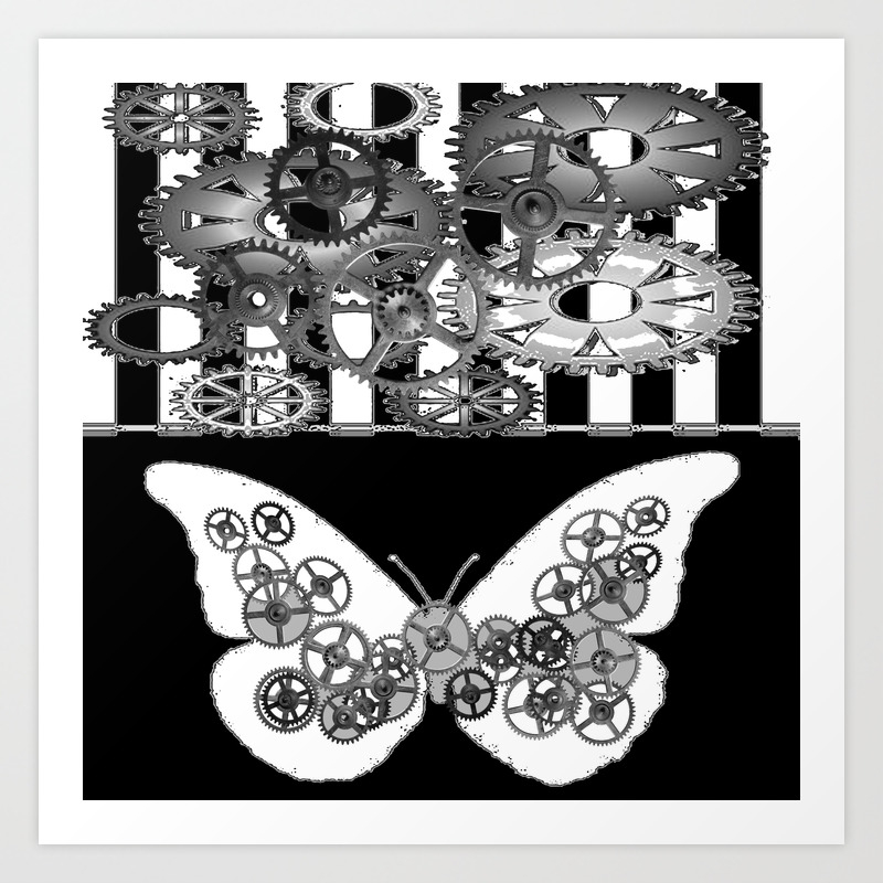 Black White Clockwork Butterfly Abstract Art Art Print By