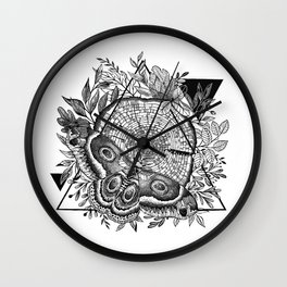 Eutierria II Wall Clock | Dotting, Moth, Drawing, Foliage, Linocut, Ink, Relief, Printmaking, Black And White, Nature 