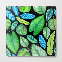 Tropical Pattern Metal Print | Alloverpattern, Watercolor, Surfacepattern, Blackbackground, Leaves, Elephantsear, Foliage, Leafy, Bananaleaf, Greenblueblack 