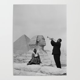 Louis Armstrong at the Spinx and Egyptian Pyrimids Vintage black and white photography / photographs Poster