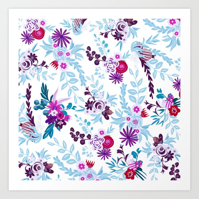 Abstract Pastel Blue Pink Country Flowers Pattern Art Print By