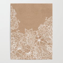 Modern white hand drawn floral illustration on rustic beige faux kraft color block Poster