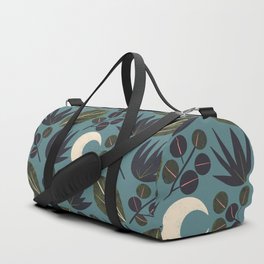 Moonlit Leaves Grid Duffle Bag | Leaves, Nature, Black, Blue, Retro, Drawing, Curated, Fern, Green, Teal 
