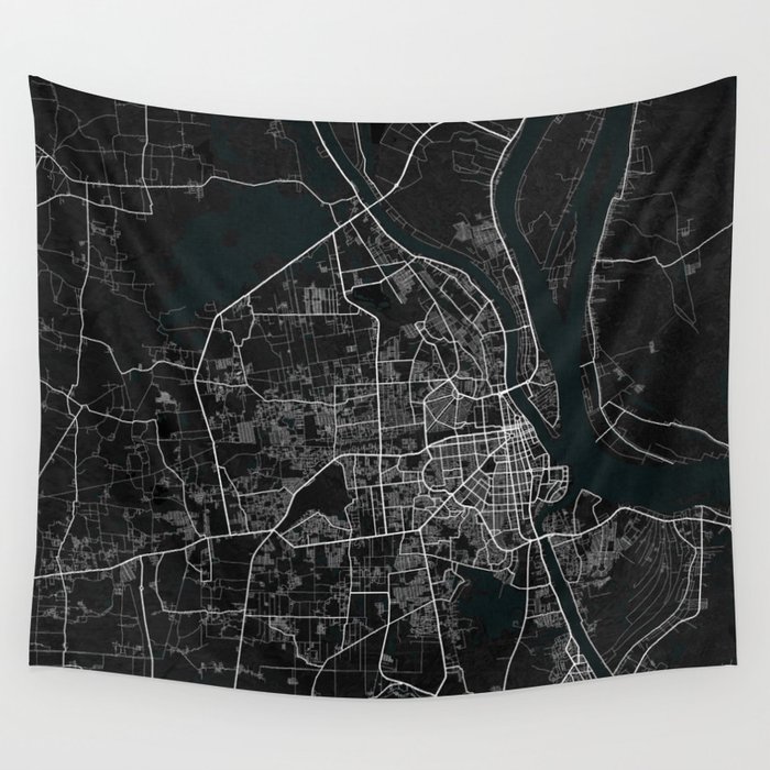Phnom Penh City Map of Cambodia in Dark Wall Tapestry by deMAP Studio 