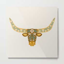 Floral Longhorn - Yellow and Blue Metal Print | Illustration, Farm, Steer, Cowgirl, Cow, Digital, Desert, South, Flowers, Drawing 