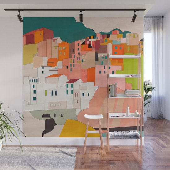Italy Coast Houses Minimal Abstract Painting Wall Mural By