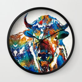 Colorful Buffalo Art - Sacred - By Sharon Cummings Wall Clock | Country, Restaurant, Rustic, Lodge, Hunting, Southwest, Meat, Nature, Wildwildwest, Nativeamerican 