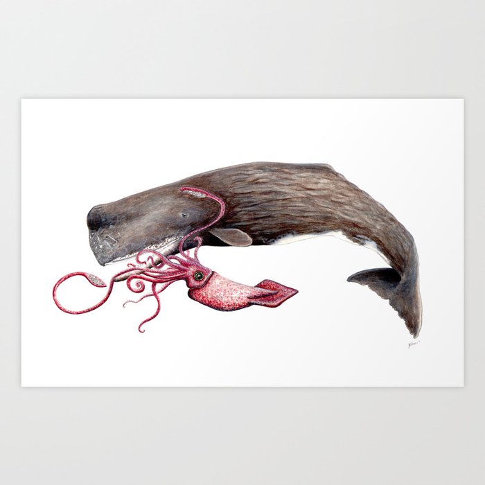 Epic battle between the sperm whale and the giant squid Art Print by Chloe  Yzoard | Society6