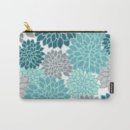 Dahlia Floral Blooms in Teal and Gray Carry-All Pouch