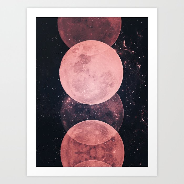 Pink Moon Phases Art Print | Graphic-design, Digital, Double-exposure, Moon, Planet, Pink, Moon-phases, Withc, Magic, Meditation