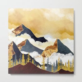 Misty Peaks Metal Print | Sunrise, Mountains, Graphicdesign, Blue, Peaks, Yellow, Orange, Mist, Digital, Nature 