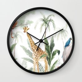 Clarice's Jungle Wall Clock | Nature, Giraffe, Tropical, Painting, Bird, Baby, Jungle, Palmtree, Tree, Watercolor 