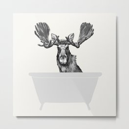 Vintage Moose in Bathtub Metal Print | Painting, Black And White, Wildlife, Drawing, Cool, Deer, Illustration, Nature, Adorable, Graphicdesign 