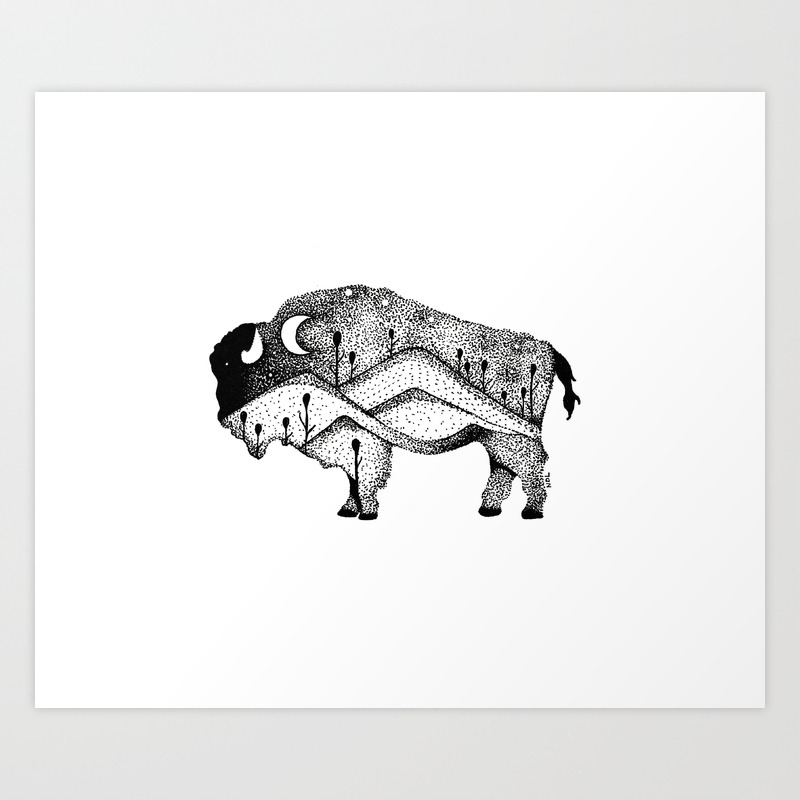 White Bison Spirit Animal Totem Pointillism Art Print By