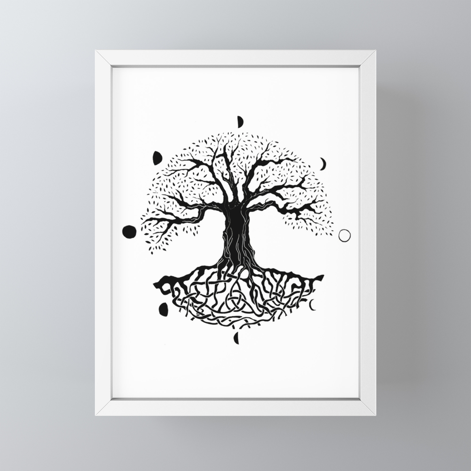 Black And White Tree Of Life With Moon Phases And Celtic Trinity