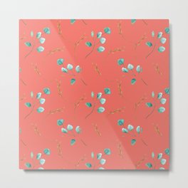 Blue teal turquoise watercolor leaves pattern on living coral Metal Print | Dormroom, Pinksalmon, Accentdecor, Summer, Turquoise, Colorful, Leaves, Painting, Feminine, Aqua 