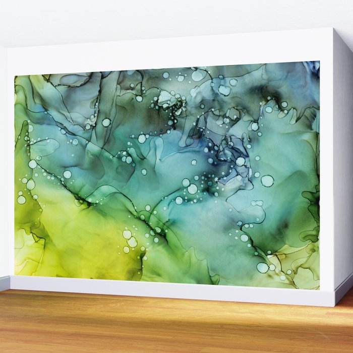 Green Blue Yellow Textures Ink Abstract Painting Wall Mural By