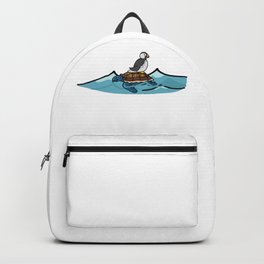 Puffin riding turtle cartoon illustration motif set. Backpack | Wave, Yellow, Seaside, Bird, Coast, Turtle, Flight, White, Sky, Graphicdesign 