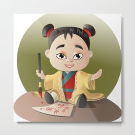 Cute chinese girl writting a letter Metal Print | Digital, Graphite, Pop Art, Culture, Urban, Black And White, Figurative, Letter, Abstract, Drafting 
