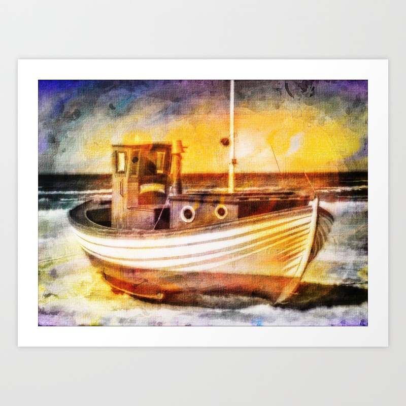 Boat Sunset Beach Painting Art Print By Shirtsandgifts Society6