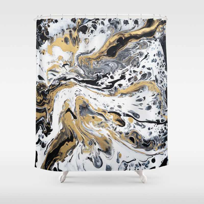 Black White And Gold Fluid Abstract Shower Curtain By Ilzelucero