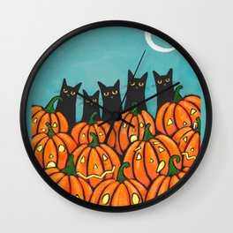 Five Black Cats and Pumpkins Wall Clock | Acrylic, Painting, Turquoiseandorange, Original, Cat, Blackcats, Pumpkins, Halloween, Folkart, Jackolanterns 