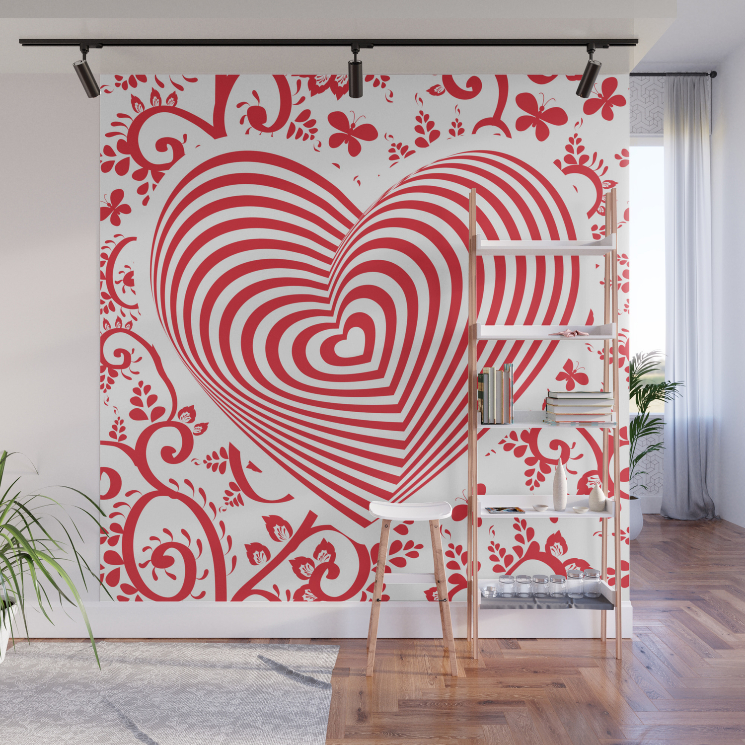 Red White Heart On Red Floral Ornament Background Optical