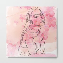 Monoline Face 2 Metal Print | Skin, White, Pastel, Flower, Pink, Feminism, Drawing, Body, Cherryblossom, Transgender 