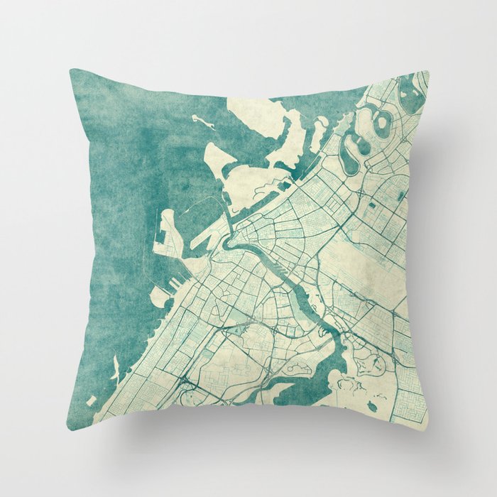 Dubai Map Blue Vintage Throw Pillow by City Art Posters Society6