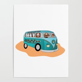 All A Board - Surfer Dog Family Going to the Ocean in a Camper Van  Poster
